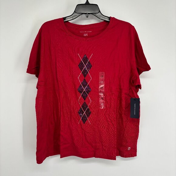 Tommy Hilfiger Womens Embellished Cotton Stretch Graphic T-Shirt Red Size 1X NWT - Picture 2 of 5